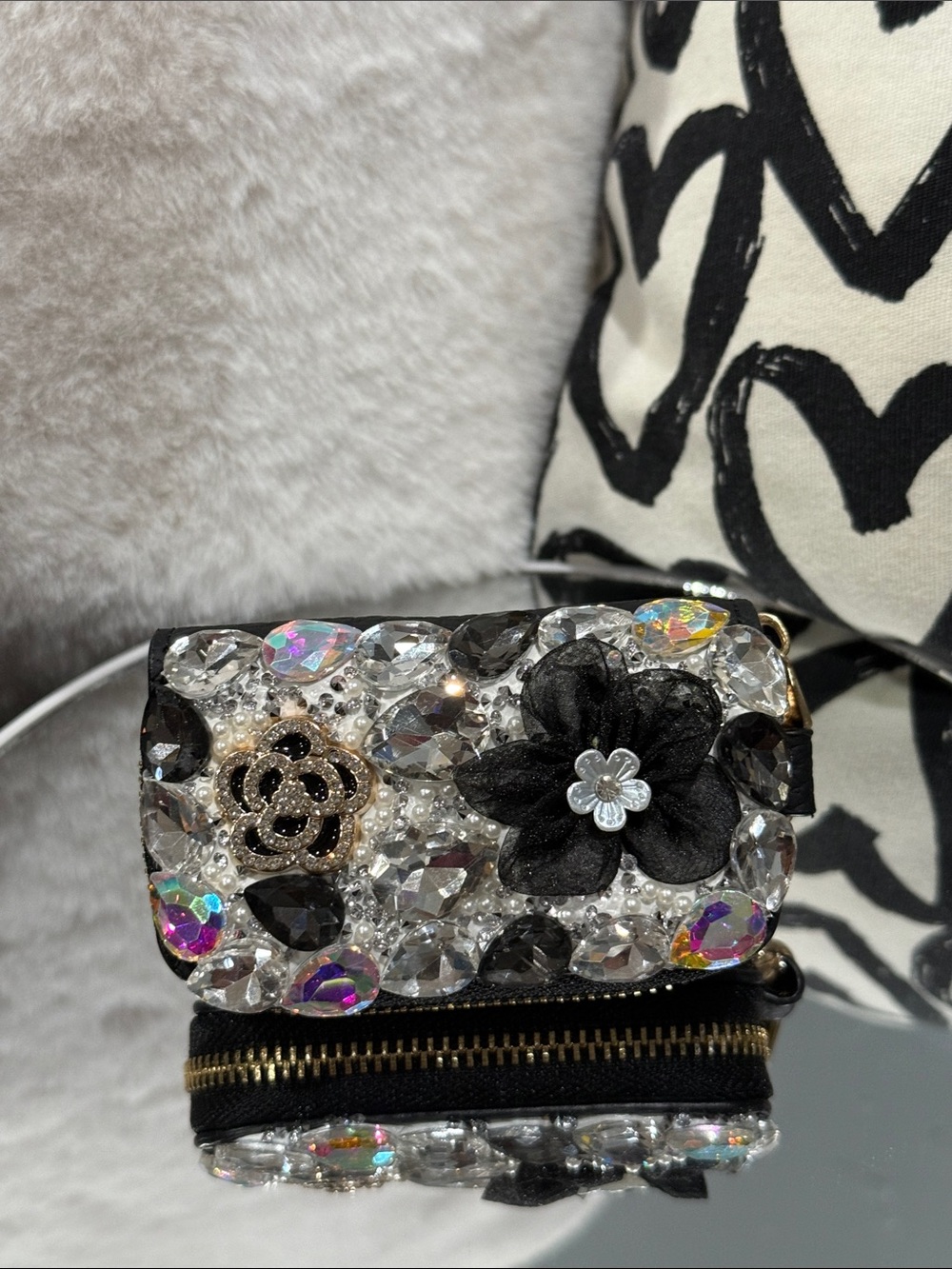 Embellished Black Crystal Flower Mini Crossbody Bag